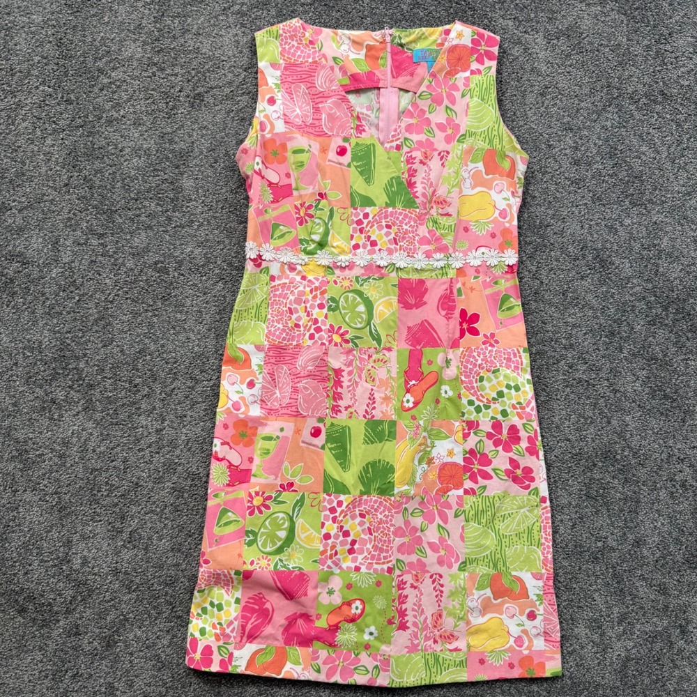 Tahiti Reef Club Pink Green Tropical Patchwork Daisy Trim Shift Dress Womens S
